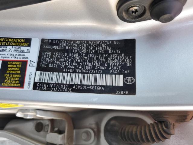 4T4BF1FK0CR239472 - 2012 TOYOTA CAMRY BASE 银色 照片 12