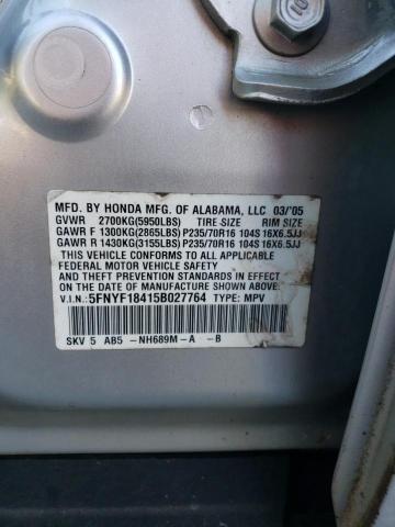 5FNYF18415B027764 - 2005 HONDA PILOT EX SILVER photo 12