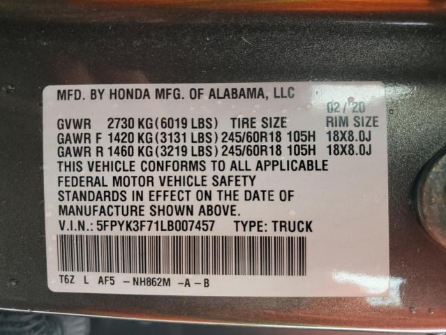 5FPYK3F71LB007457 - 2020 HONDA RIDGELINE RTL Marron photo 12