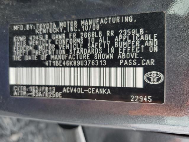 4T1BE46K89U376313 - 2009 TOYOTA CAMRY BASE შავი ფოტო 12