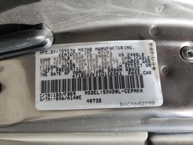 4T1BG22K11U116361 - 2001 TOYOTA CAMRY CE ნაცრისფერი ფოტო 12