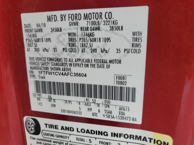 1FTFW1CV4AFC35604 - 2010 FORD F150 SUPERCREW RED photo 12