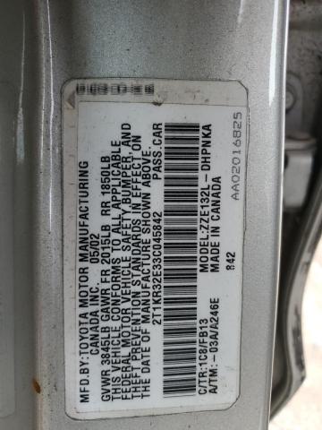 2T1KR32E33C045842 - 2003 TOYOTA COROLLA MA XR GRAY photo 12