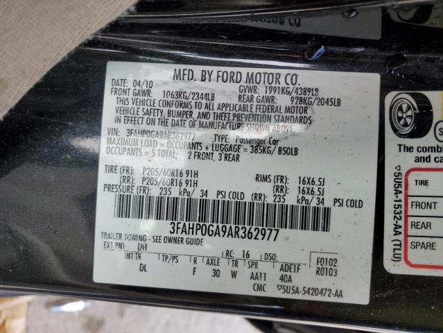 3FAHP0GA9AR362977 - 2010 FORD FUSION S BLACK photo 12