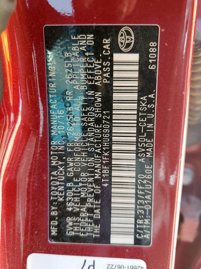 4T1BF1FK1HU690721 - 2017 TOYOTA CAMRY LE MAROON photo 12