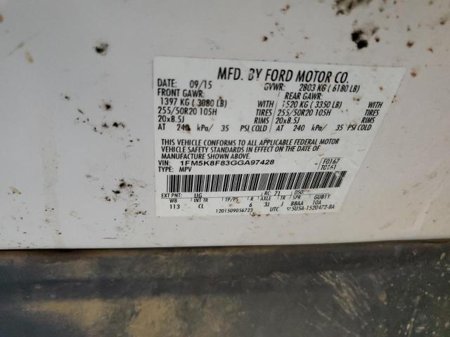 1FM5K8F83GGA97428 - 2016 FORD EXPLORER LIMITED WHITE photo 13