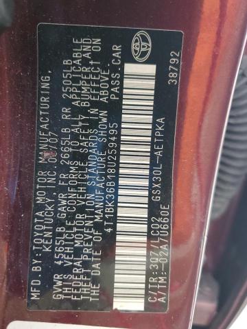 4T1BK36B18U259495 - 2008 TOYOTA AVALON XL BURGUNDY photo 12