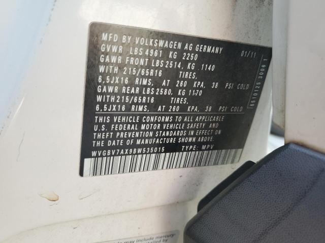 WVGBV7AX9BW535015 - 2011 VOLKSWAGEN TIGUAN S WHITE photo 13