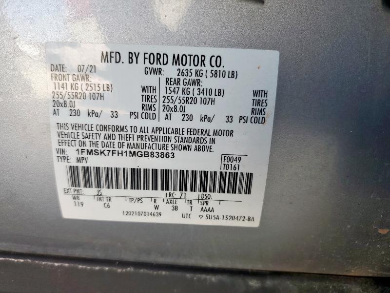 1FMSK7FH1MGB83863 - 2021 FORD EXPLORER LIMITED Gümüş foto 13