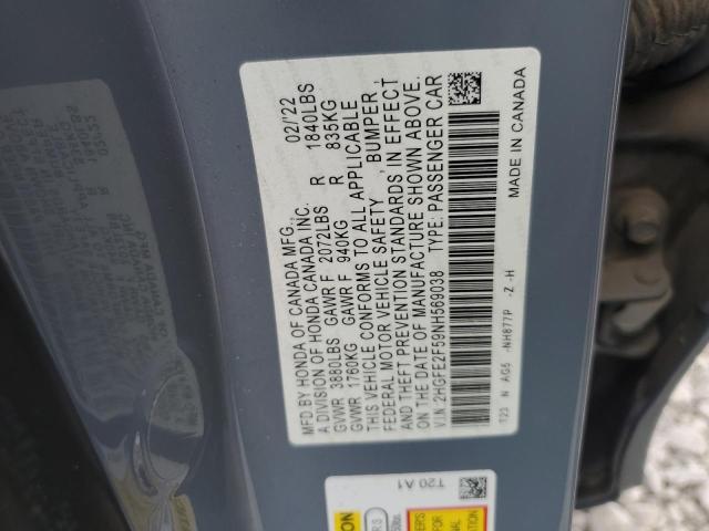 2HGFE2F59NH569038 - 2022 HONDA CIVIC SPORT ნაცრისფერი ფოტო 12