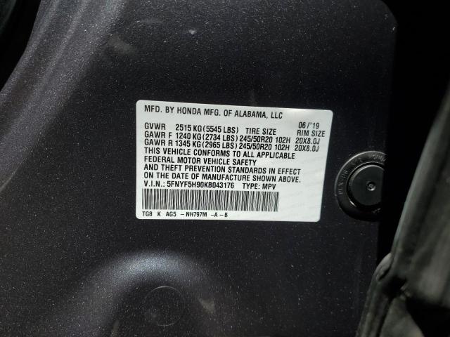 5FNYF5H90KB043176 - 2019 HONDA PILOT TOURING GRAY photo 13