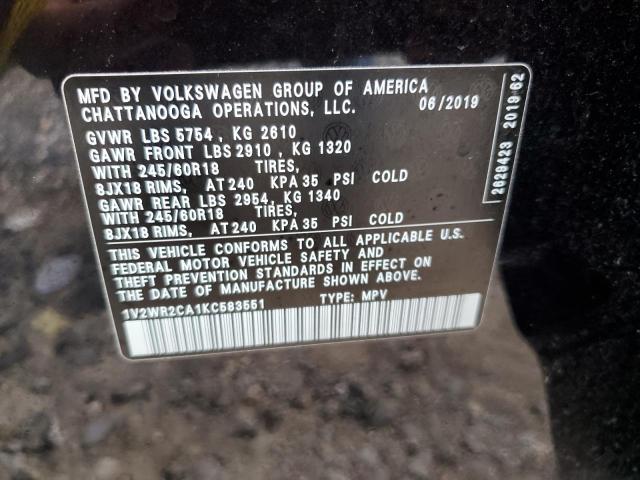 1V2WR2CA1KC583551 - 2019 VOLKSWAGEN ATLAS SE BLACK photo 13