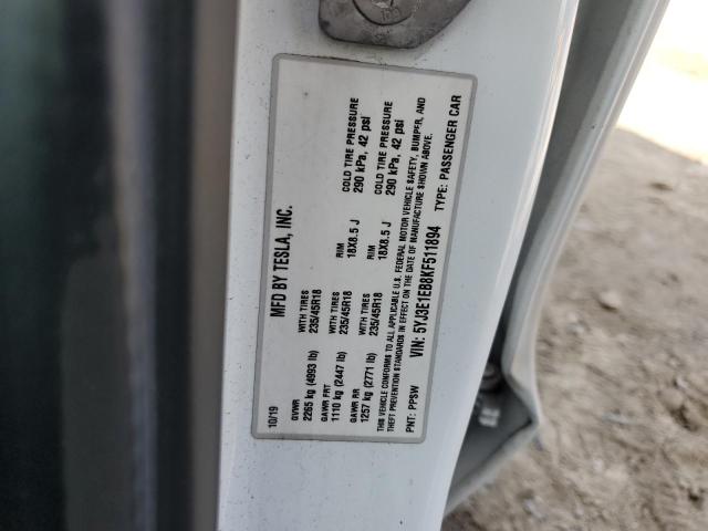 5YJ3E1EB8KF511894 - 2019 TESLA MODEL 3 WHITE photo 13