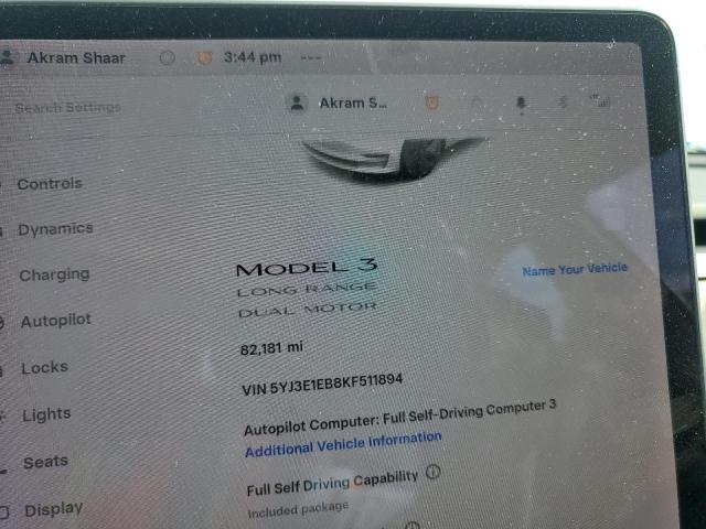 5YJ3E1EB8KF511894 - 2019 TESLA MODEL 3 WHITE photo 9