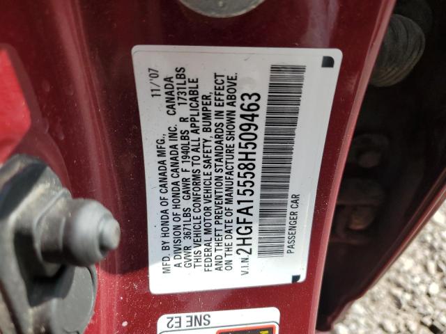 2HGFA15558H509463 - 2008 HONDA CIVIC LX BURGUNDY photo 12