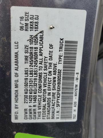 5FPYK3F6XHB005382 - 2017 HONDA RIDGELINE RTL ნაცრისფერი ფოტო 12