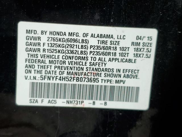 5FNYF4H52FB073695 - 2015 HONDA PILOT EXL BLACK photo 13