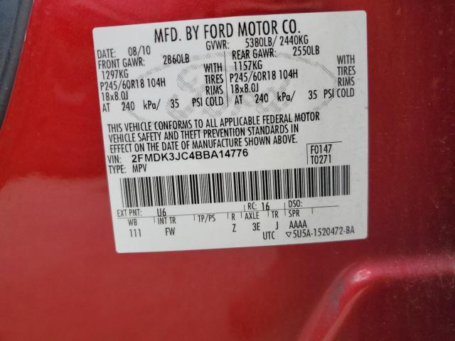 2FMDK3JC4BBA14776 - 2011 FORD EDGE SEL წითელი ფოტო 12