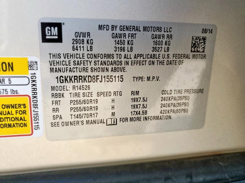 1GKKRRKD8FJ155115 - 2015 GMC ACADIA SLT-1 ბეჟი ფოტო 14