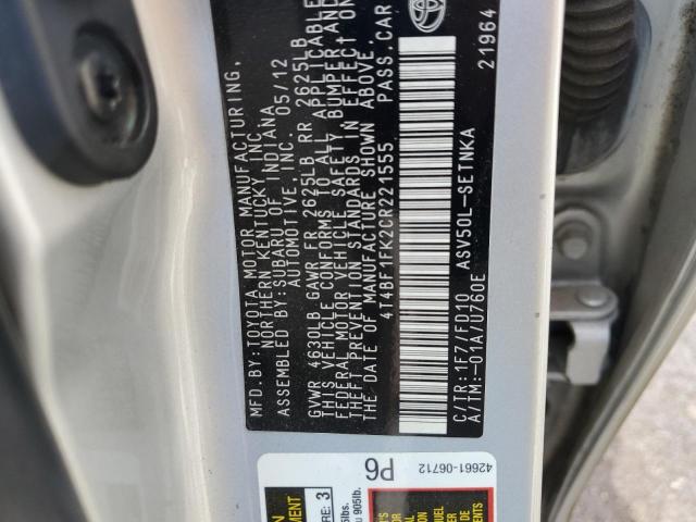 4T4BF1FK2CR221555 - 2012 TOYOTA CAMRY BASE SILVER photo 12