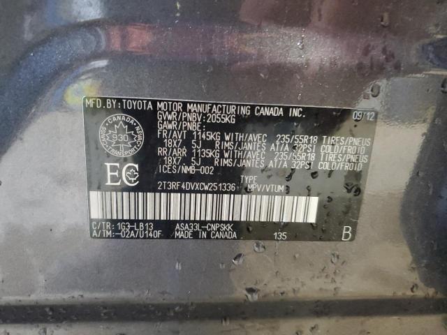 2T3RF4DVXCW251336 - 2012 TOYOTA RAV4 SPORT ნაცრისფერი ფოტო 13