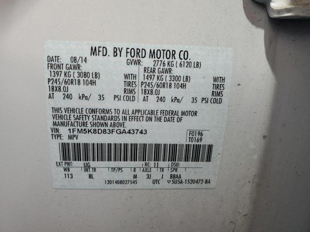 1FM5K8D83FGA43743 - 2015 FORD EXPLORER XLT WHITE photo 13