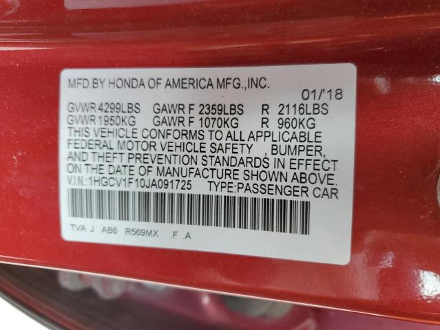 1HGCV1F10JA091725 - 2018 HONDA ACCORD LX Qırmızı foto 12