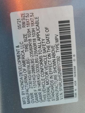 5FNRL6H52NB017392 - 2022 HONDA ODYSSEY EX GRAY photo 14