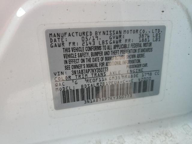 3N1AB7AP7KY350773 - 2019 NISSAN SENTRA S WHITE photo 13