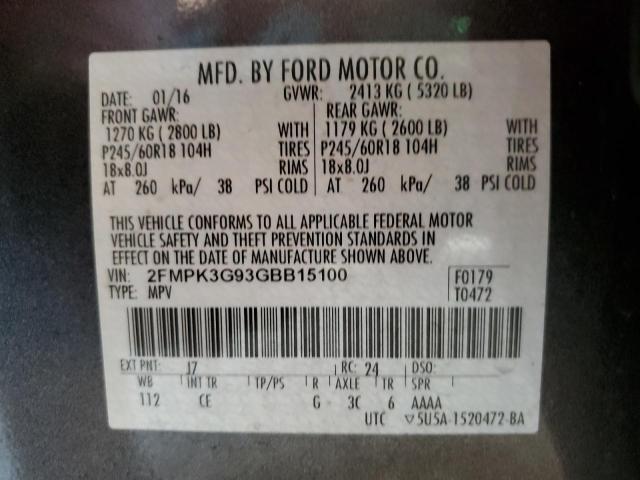 2FMPK3G93GBB15100 - 2016 FORD EDGE SE GRAY photo 12