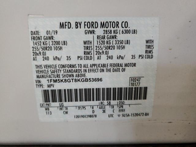 1FM5K8GT8KGB53696 - 2019 FORD EXPLORER SPORT Blanc photo 13