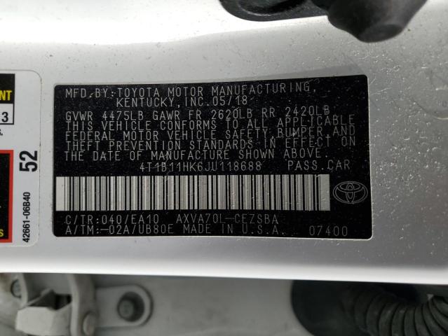 4T1B11HK6JU118688 - 2018 TOYOTA CAMRY L WHITE photo 12