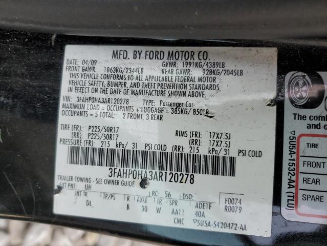 3FAHP0HA3AR120278 - 2010 FORD FUSION SE BLACK photo 12