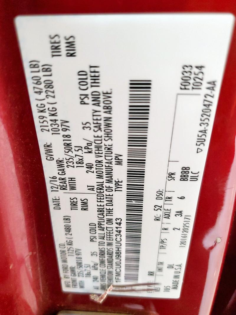 1FMCU0J98HUC34143 - 2017 FORD ESCAPE TITANIUM წითელი ფოტო 14