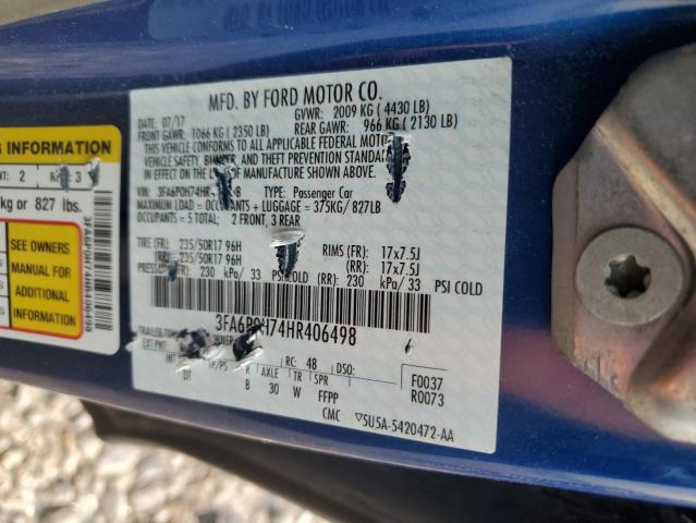 3FA6P0H74HR406498 - 2017 FORD FUSION SE BLUE photo 12