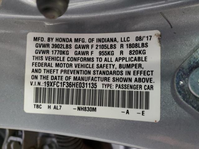 19XFC1F36HE031135 - 2017 HONDA CIVIC EX SILVER photo 13
