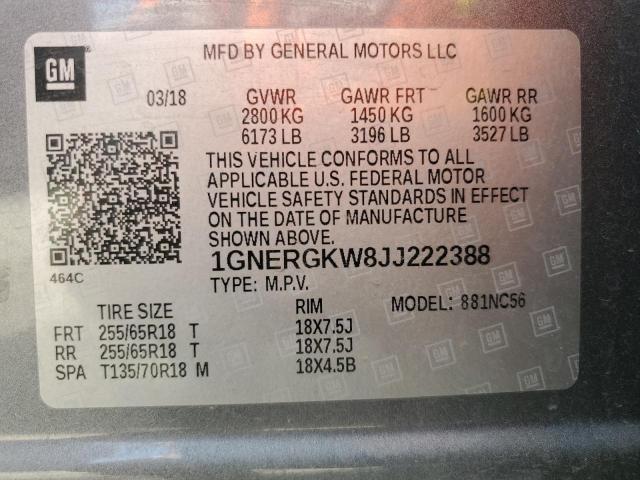 1GNERGKW8JJ222388 - 2018 CHEVROLET TRAVERSE LT Gri fotoğraf 13