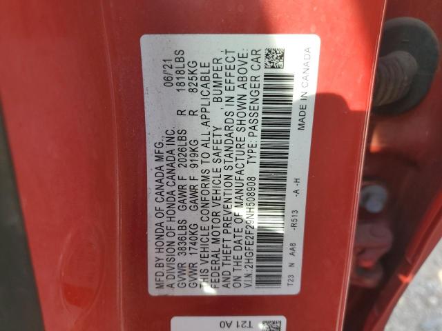 2HGFE2F29NH508908 - 2022 HONDA CIVIC LX RED photo 12