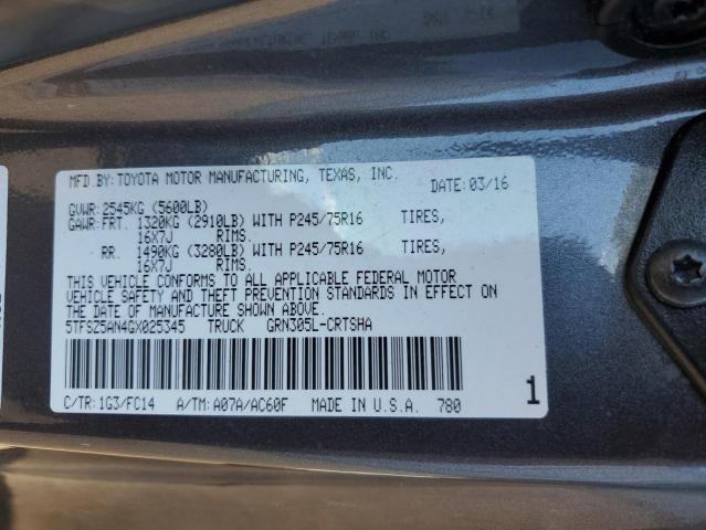 5TFSZ5AN4GX025345 - 2016 TOYOTA TACOMA ACCESS CAB ნაცრისფერი ფოტო 12