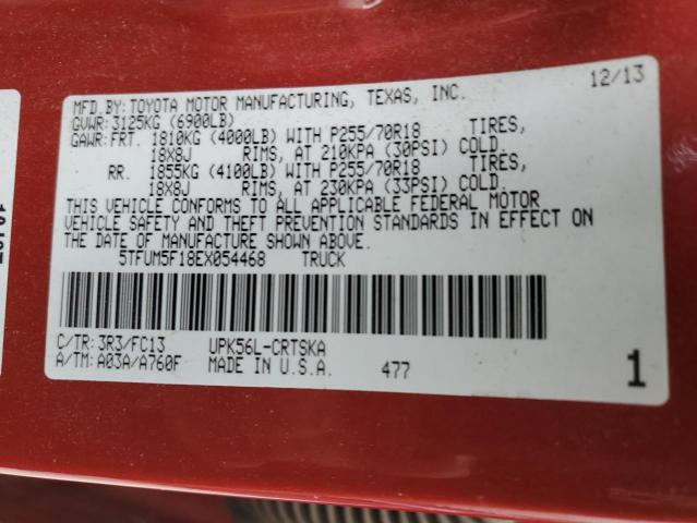 5TFUM5F18EX054468 - 2014 TOYOTA TUNDRA DOUBLE CAB SR/SR5 RED photo 12