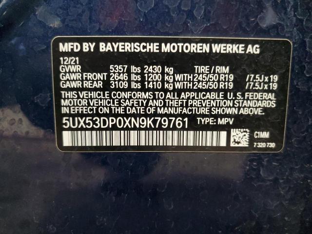 5UX53DP0XN9K79761 - 2022 BMW X3 XDRIVE30I BLUE photo 12