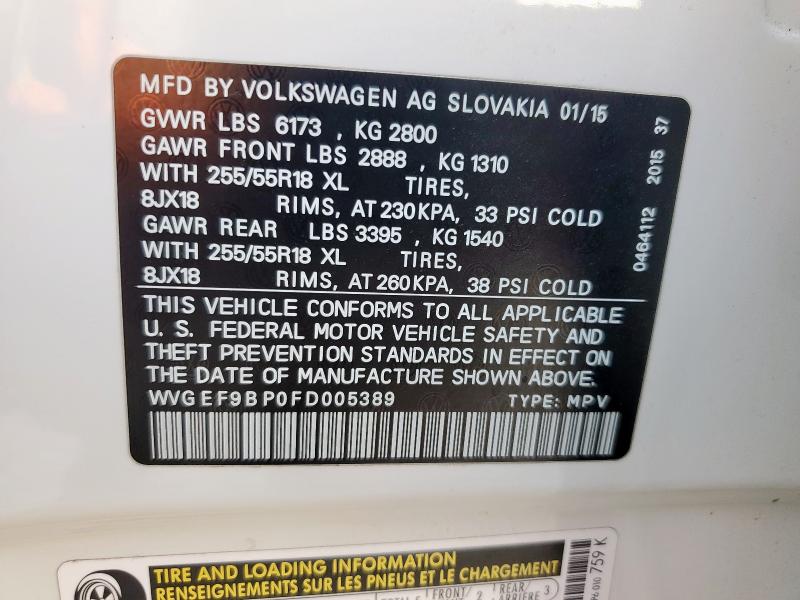 WVGEF9BP0FD005389 - 2015 VOLKSWAGEN TOUAREG V6 WHITE photo 13
