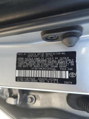 4T1B11HK3KU268503 - 2019 TOYOTA CAMRY L 银色 照片 12