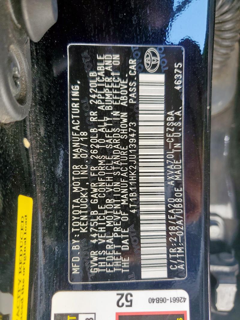 4T1B11HK2JU139473 - 2018 TOYOTA CAMRY L BLACK photo 13