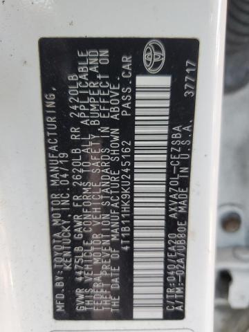 4T1B11HK9KU245162 - 2019 TOYOTA CAMRY L 白色 照片 12