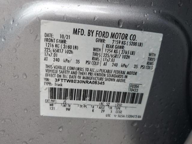 3FTTW8E30NRA08345 - 2022 FORD MAVERICK XL SILVER photo 12