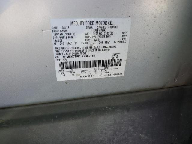 1FM5K7D81JGB69764 - 2018 FORD EXPLORER XLT Gümüş foto 12