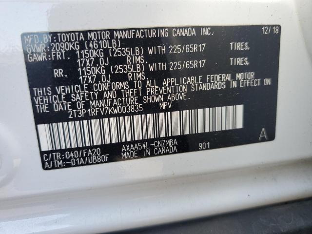 2T3P1RFV7KW003835 - 2019 TOYOTA RAV4 XLE WHITE photo 13