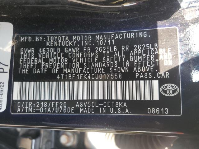 4T1BF1FK4CU017558 - 2012 TOYOTA CAMRY BASE BLACK photo 12