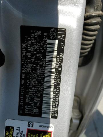 2T1BU4EE4BC693608 - 2011 TOYOTA COROLLA BASE SILVER photo 13